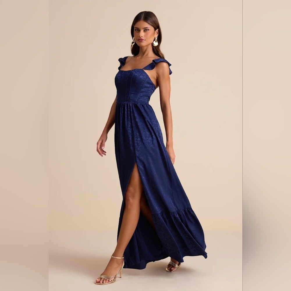 Lulus Arlaith Navy Jacquard Lace-Up Corset Maxi Dress M Wedding Party Prom - Picture 3 of 10